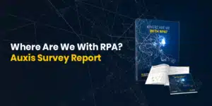 Preview of Auxis RPA Adoption Statistics Report with robot in the background.