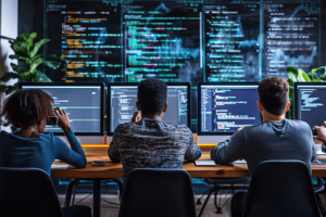 Three individuals are seated at a desk in front of multiple monitors, deeply engrossed in coding. They are working collaboratively in a modern, tech-savvy office environment with large screens displaying complex programming code. The background features some green plants, adding a touch of nature to the high-tech setting.